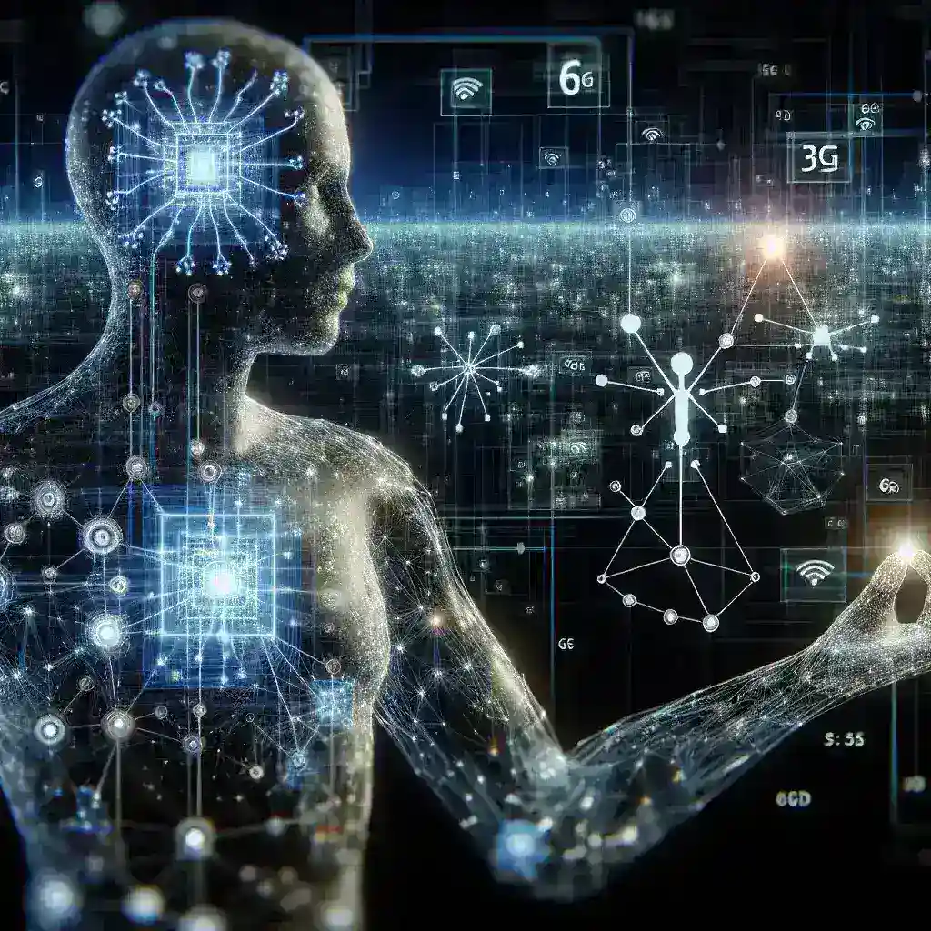 "Imagem ilustrativa de uma rede 6G integrada com inteligência artificial, destacando a interconexão de dispositivos e a análise de dados em tempo real."